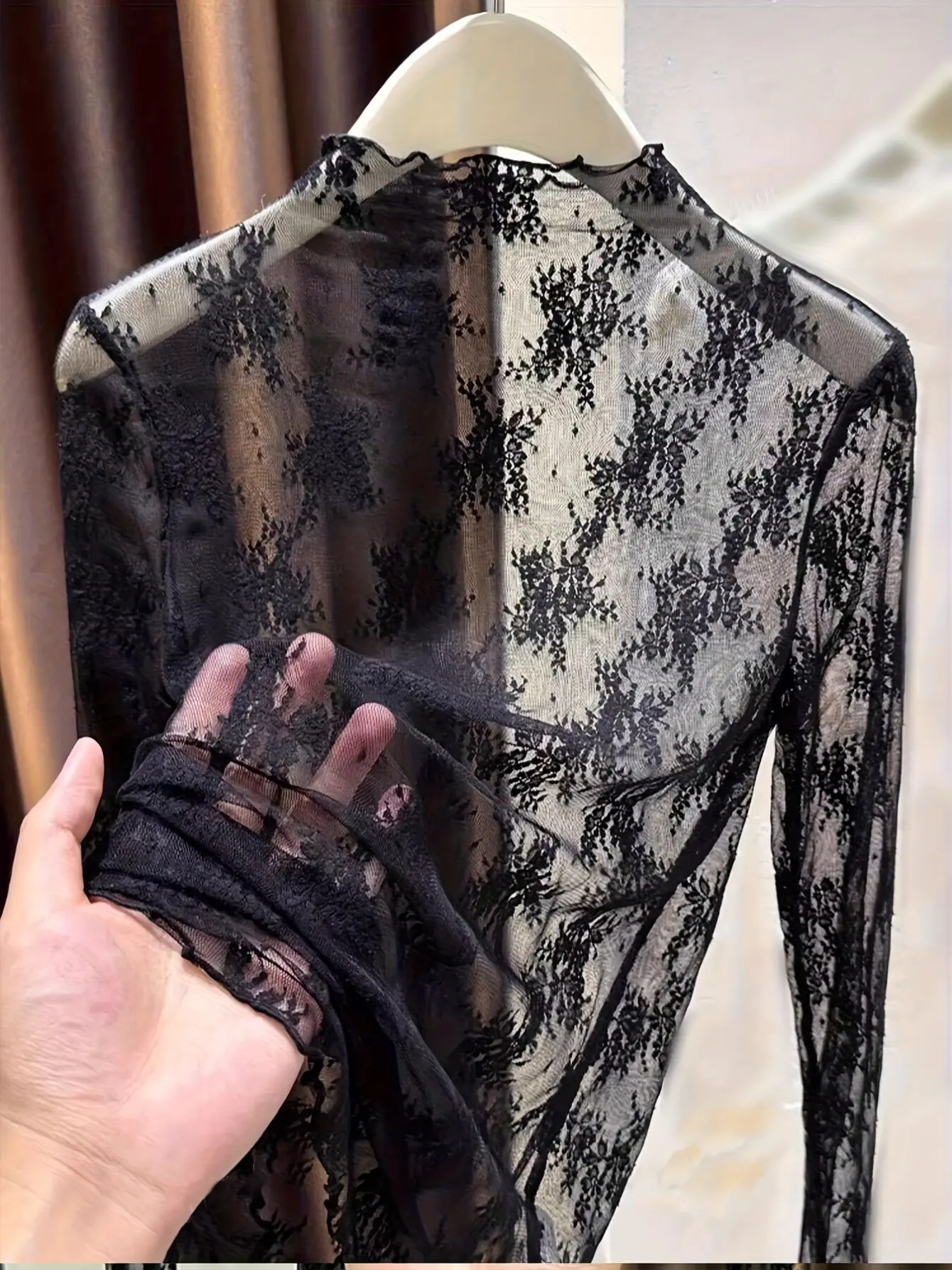 Women’s Lace Mock-Neck Sheer Mesh Long Sleeve Top gallery view