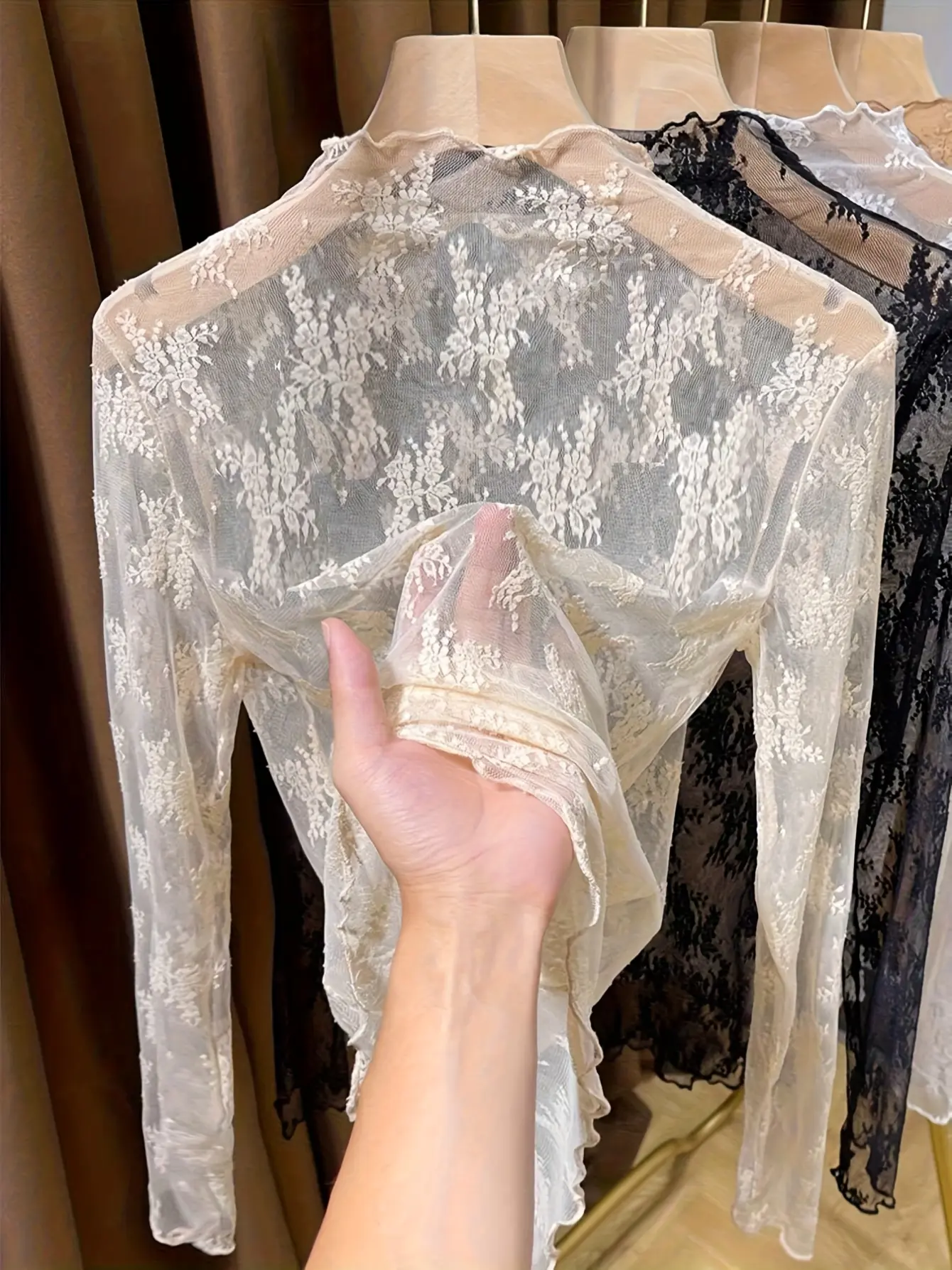 Women’s Lace Mock-Neck Sheer Mesh Long Sleeve Top gallery view