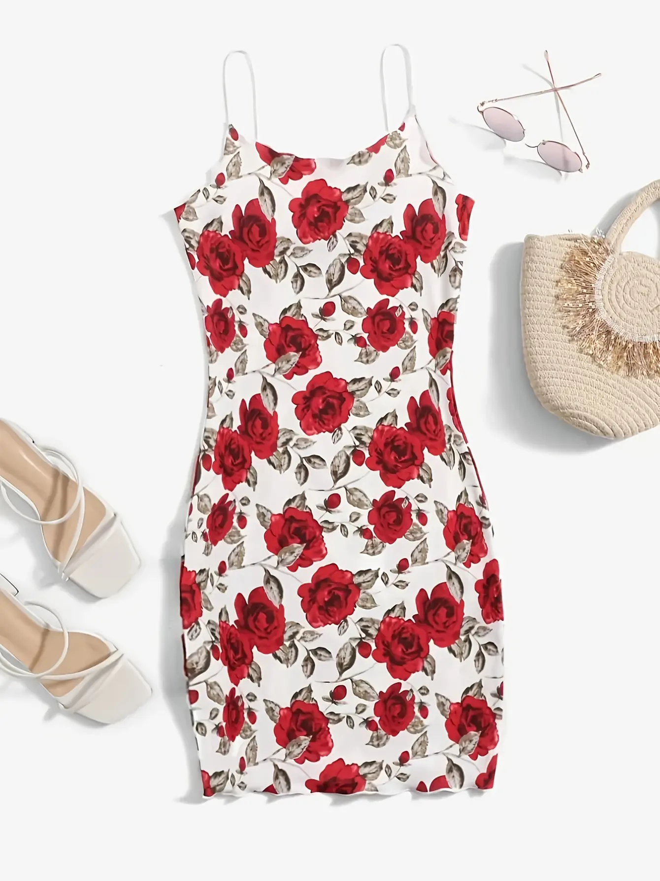 Women’s Romantic Rose Print Spaghetti Strap Dress gallery view