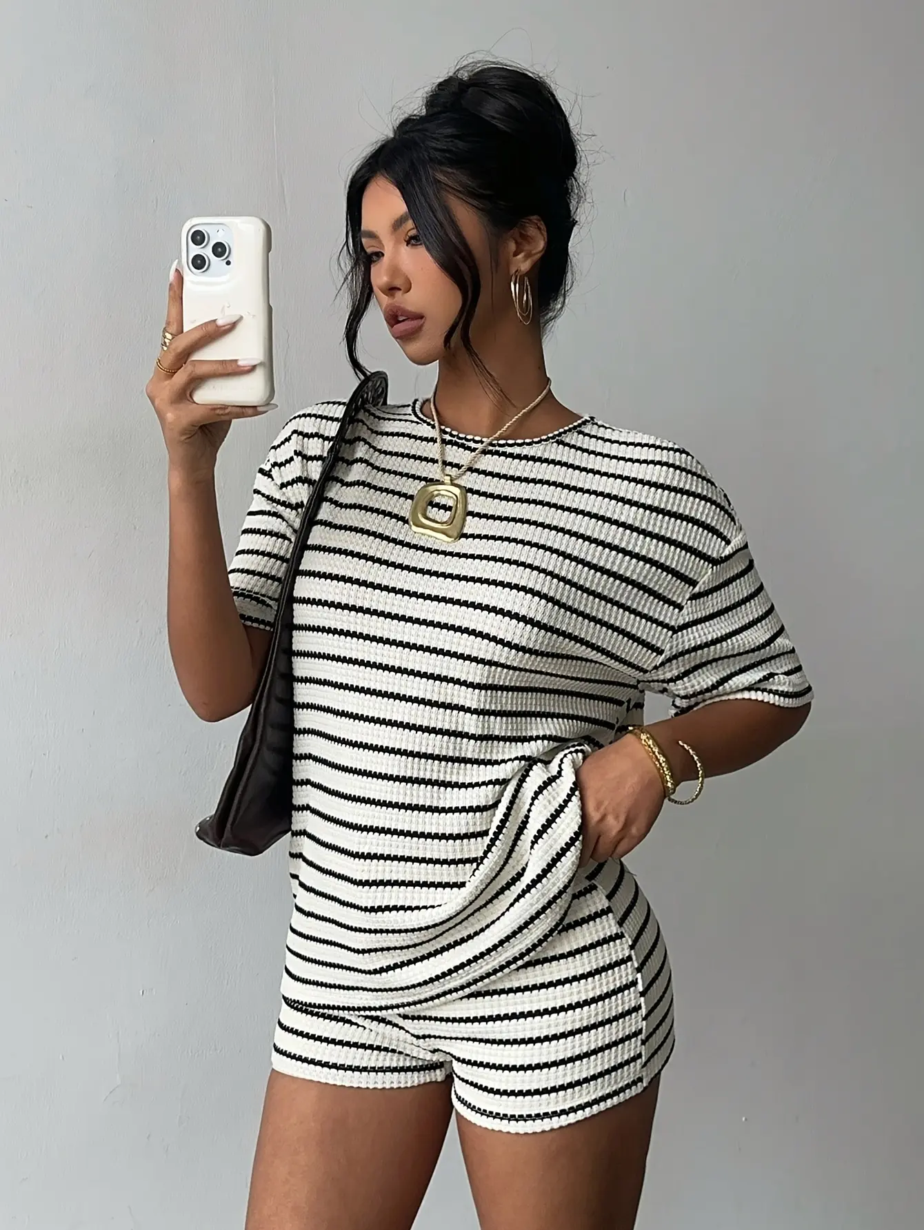 Women’s Striped Waffle-Knit T-Shirt and Shorts Set gallery view