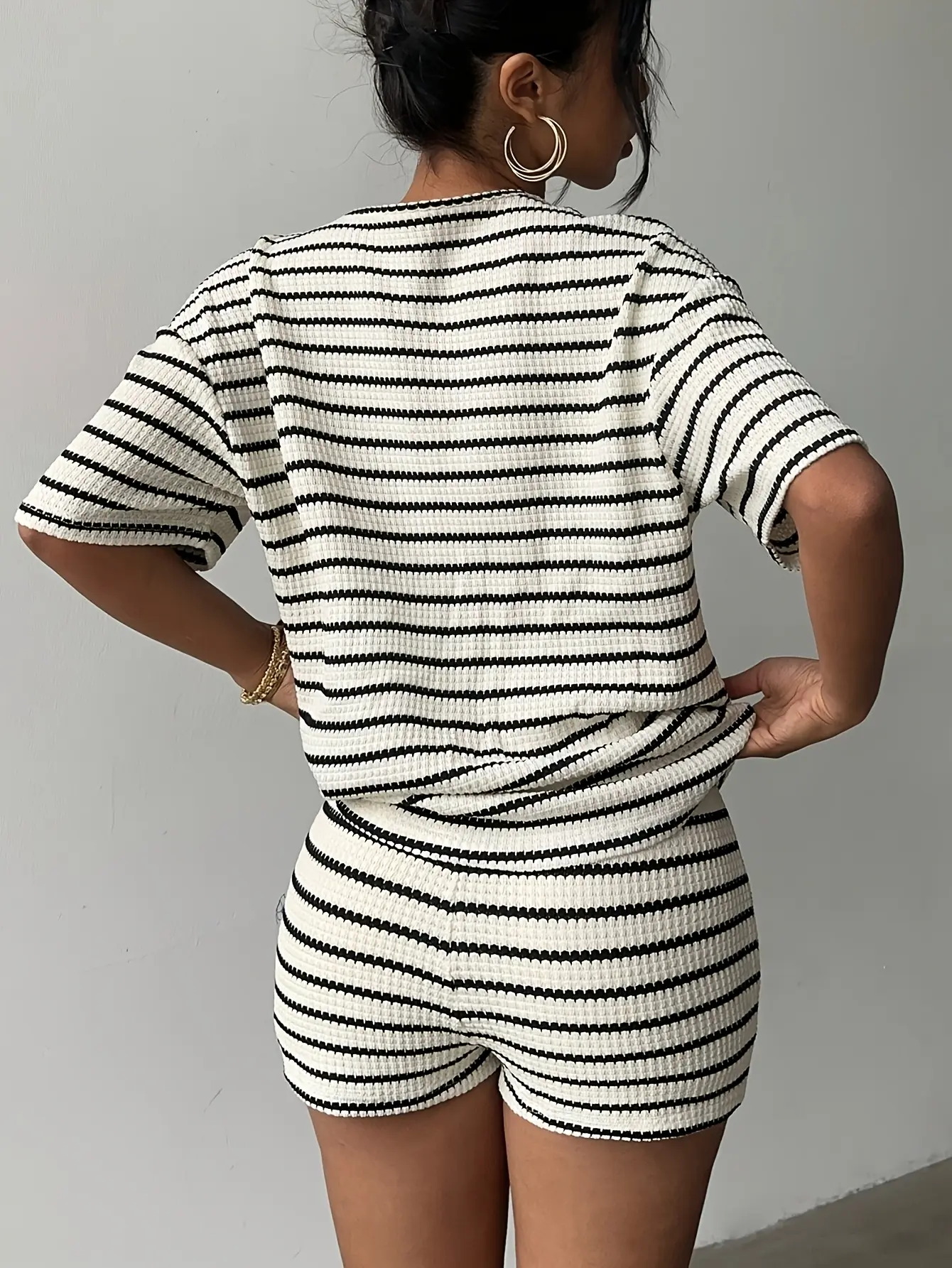 Women’s Striped Waffle-Knit T-Shirt and Shorts Set gallery view