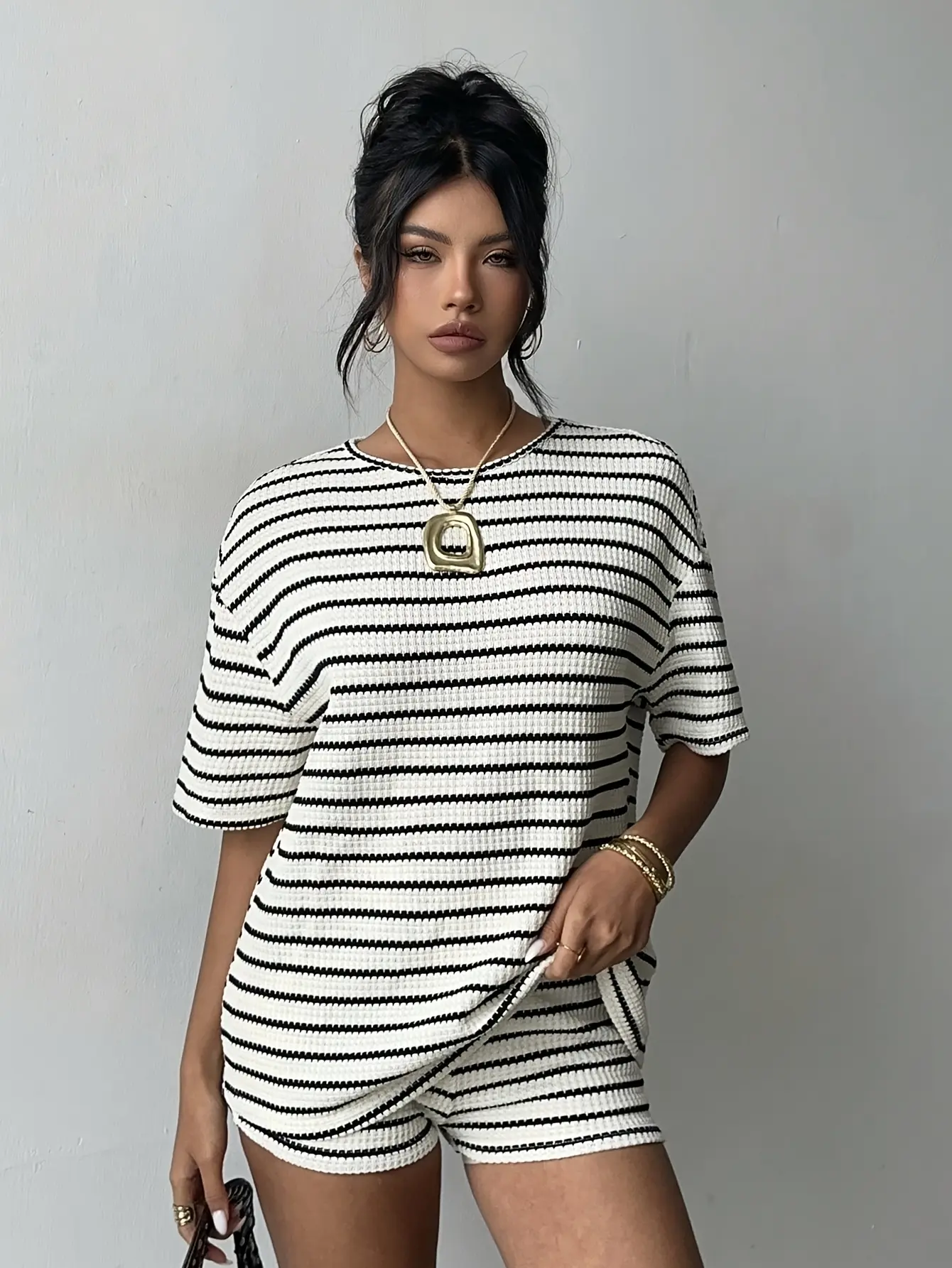 Women’s Striped Waffle-Knit T-Shirt and Shorts Set gallery view