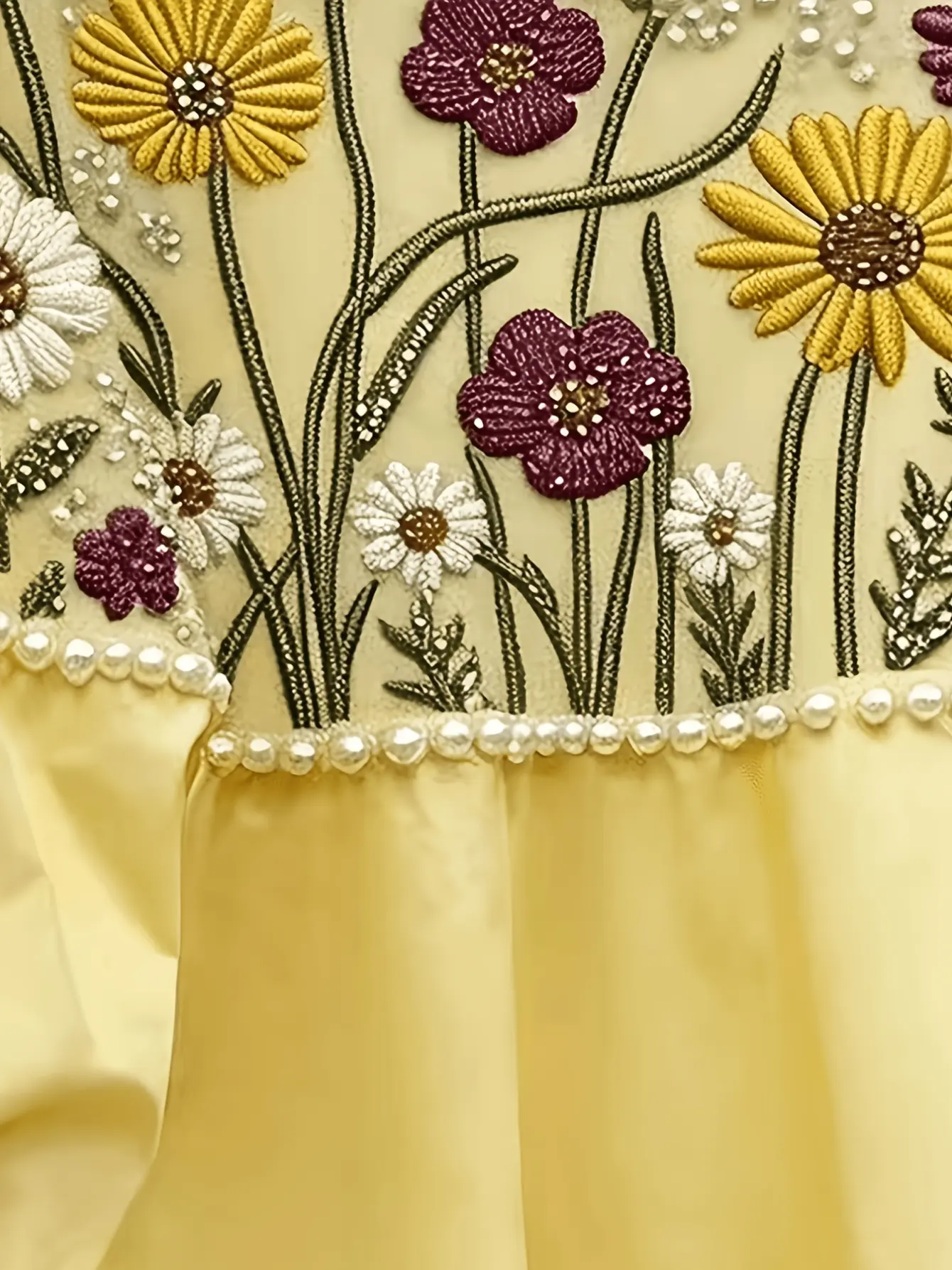 Close-up of daisy embroidery on yellow top