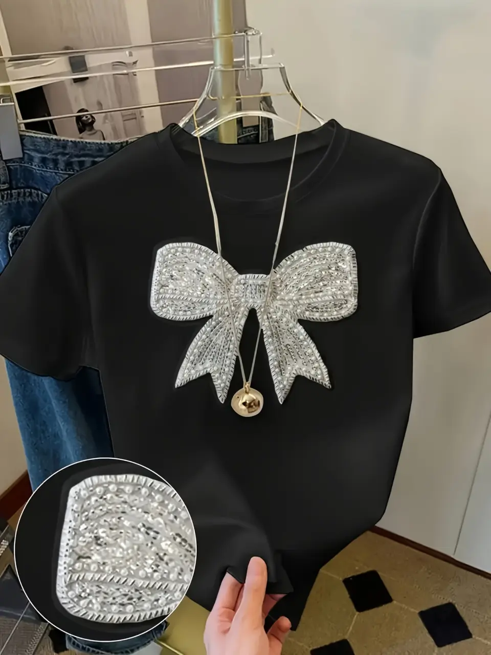 Women's French-Inspired Bow Appliqué T-Shirt