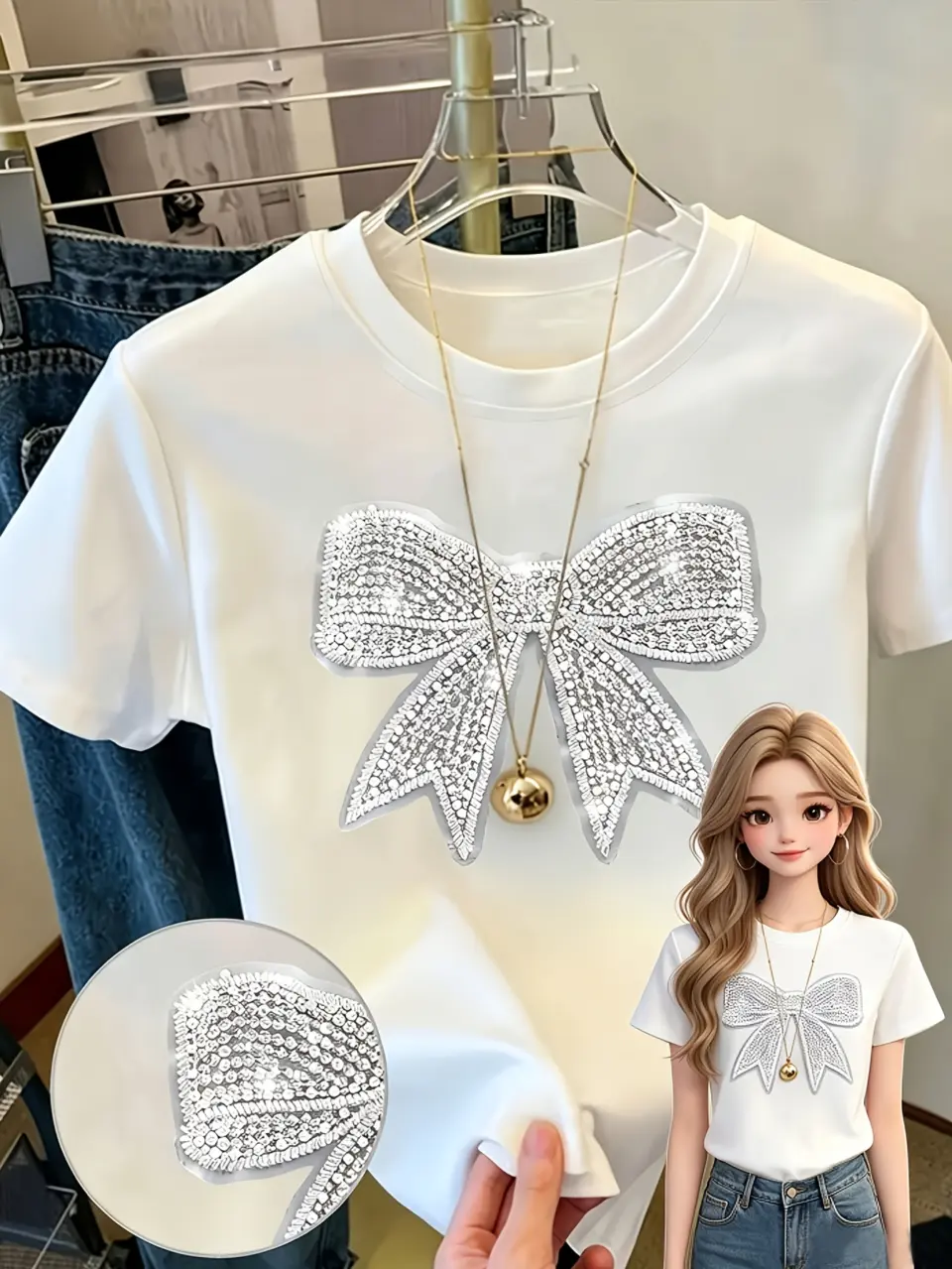 Women's Sequin Bow Crew-Neck T-Shirt