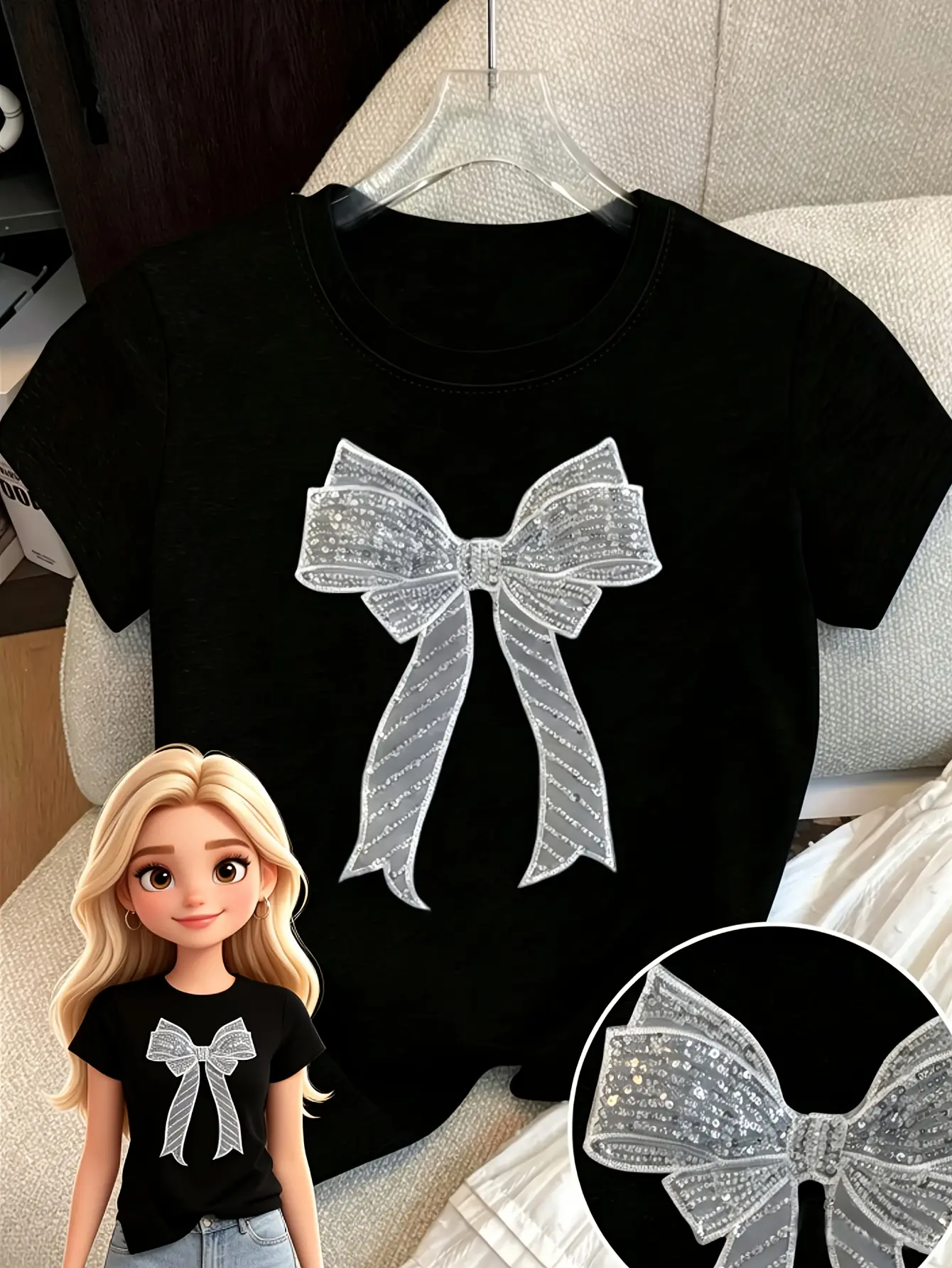 Women's Sequin Bow Short-Sleeve T-Shirt