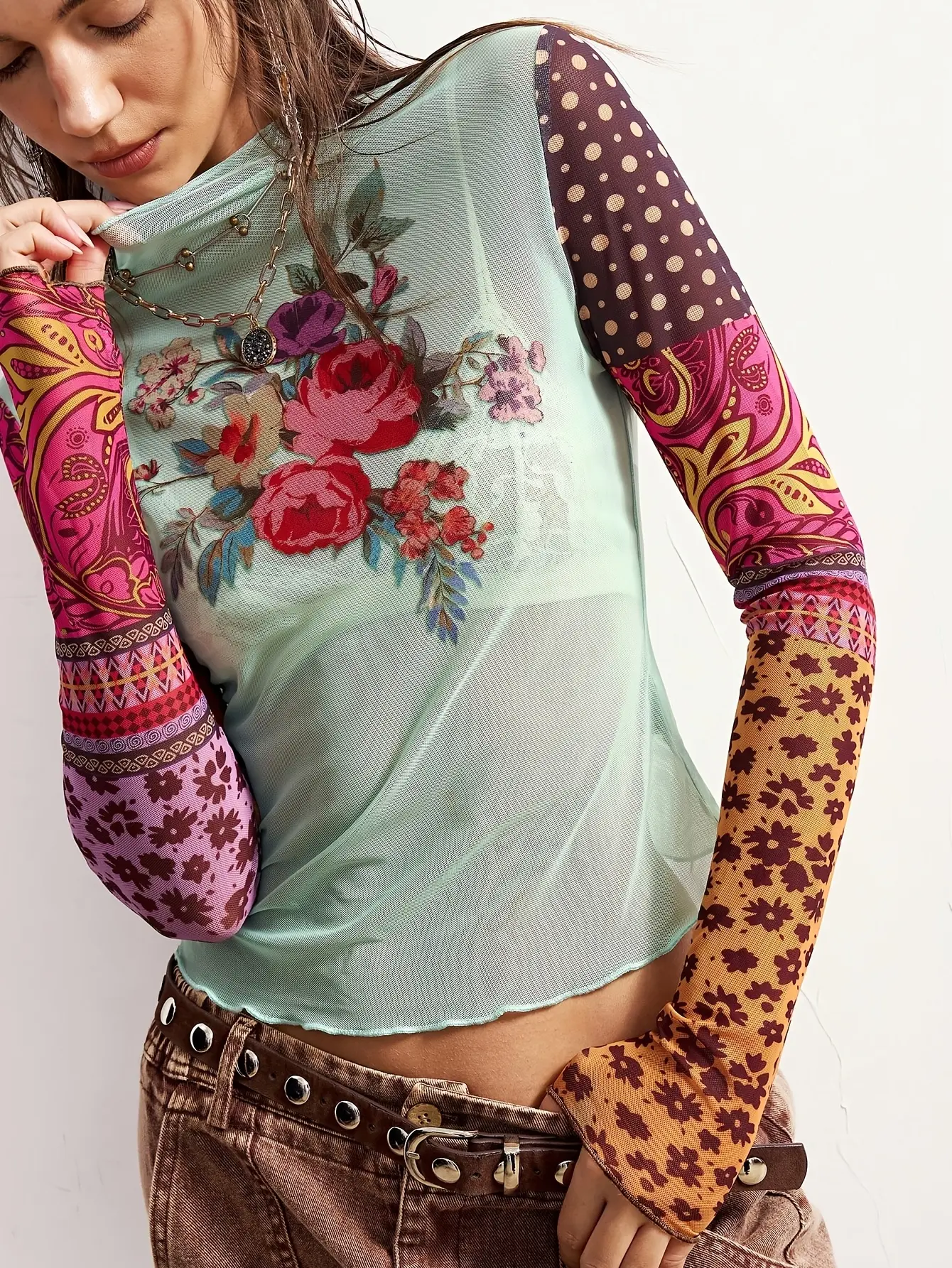 Women's Sheer Floral Polka-Dot Stretch Mesh Top