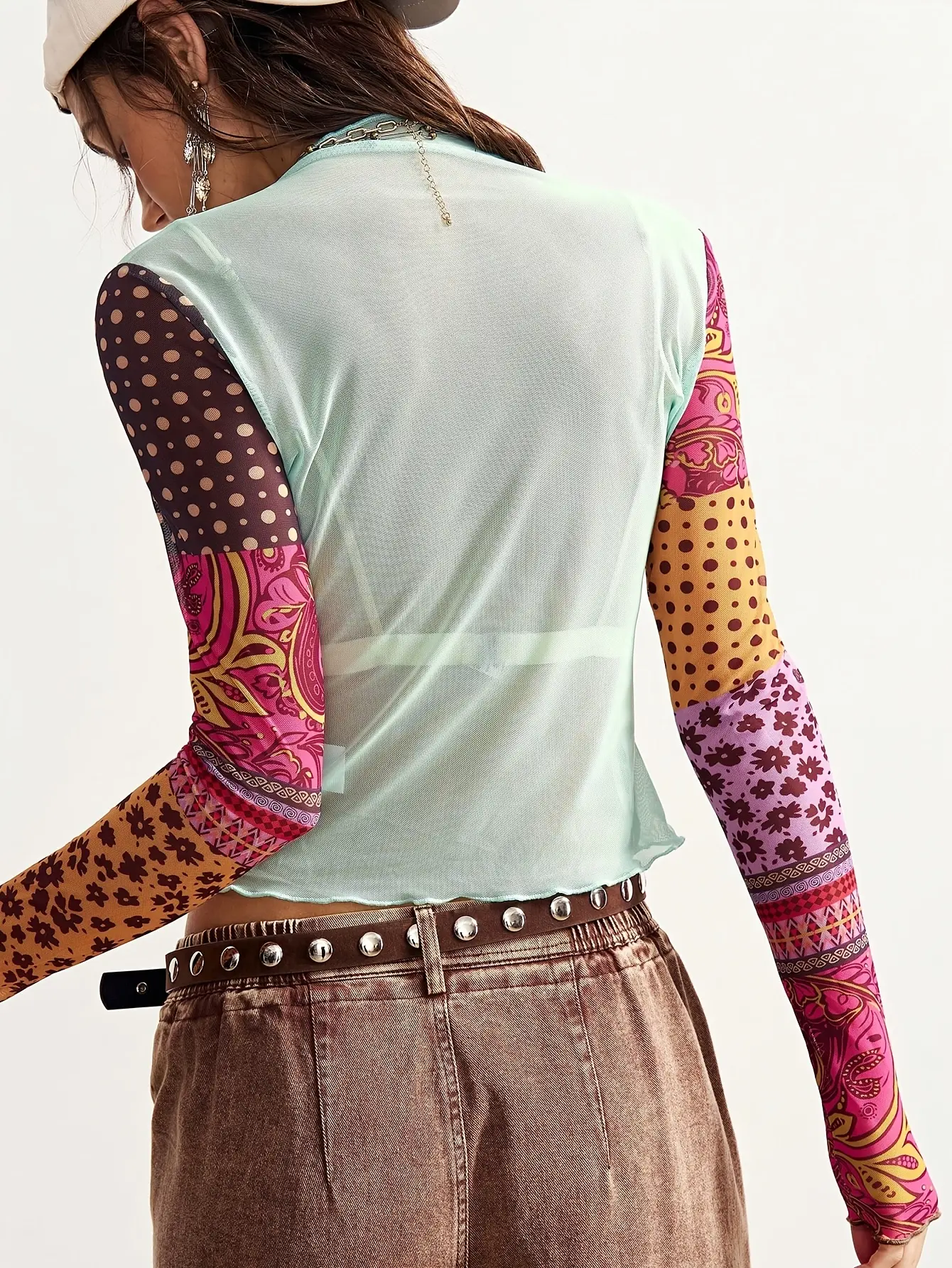 Women’s sheer floral polka-dot stretch mesh top back view