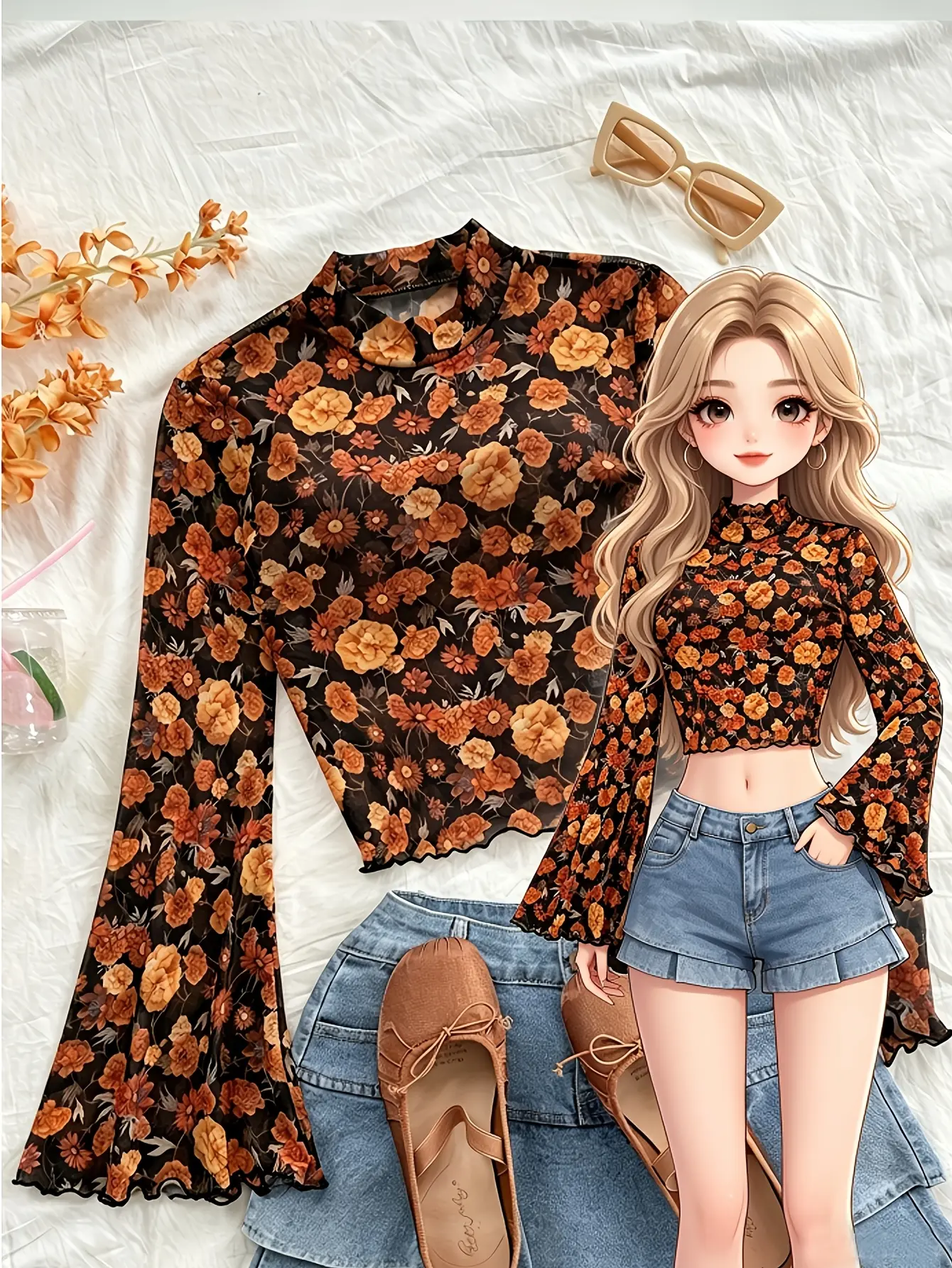 Women’s Ditsy Floral Mock-Neck Bell-Sleeve Mesh Top gallery view