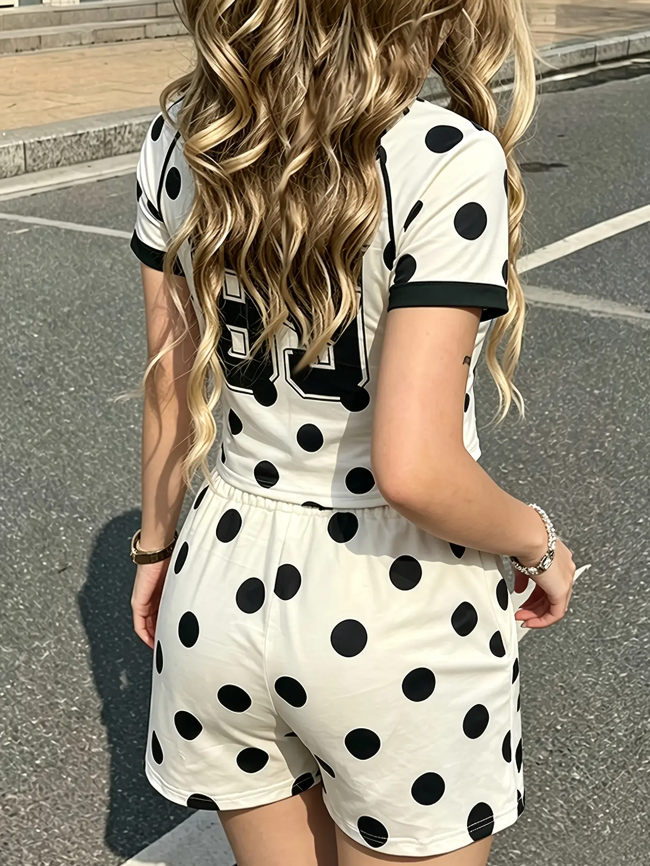 Women’s white polka-dot T-shirt and shorts set back view
