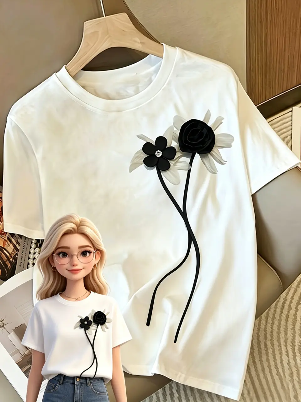 Women's 3D Floral Appliqué Crew-Neck T-Shirt