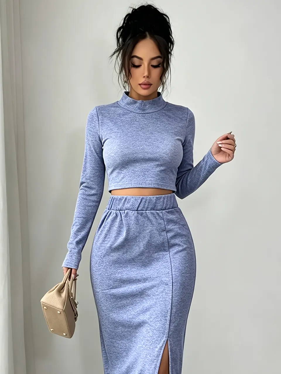 Women's Mock-Neck Crop Top and Slit Midi Skirt Set